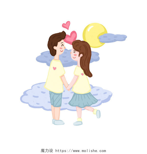 情侣人物七夕卡通手绘拉手赏月的情侣PSD素材